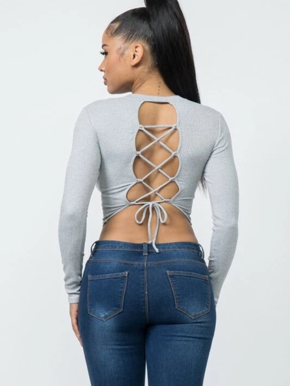 Ribbed‎ Long Sleeve Lace-Up Back Crop Top Gray NIP